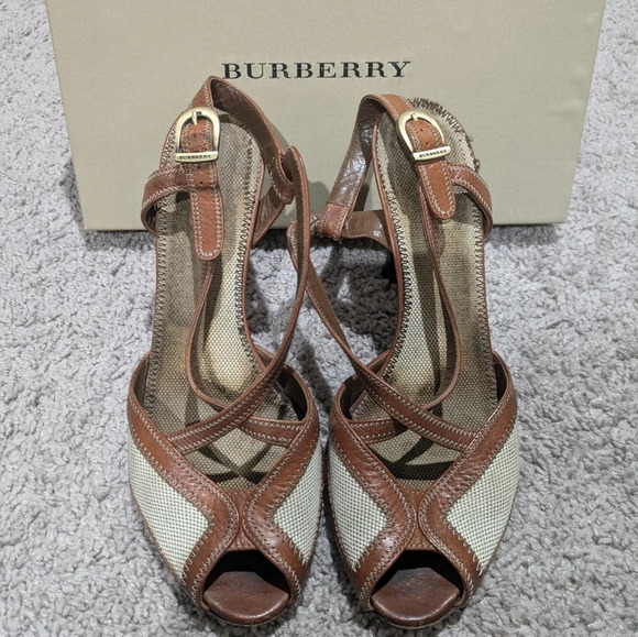 Burberry Heels Size 38.5 Brown and Tan Leather & Linen Classy Peep toe Heels - Picture 2 of 9